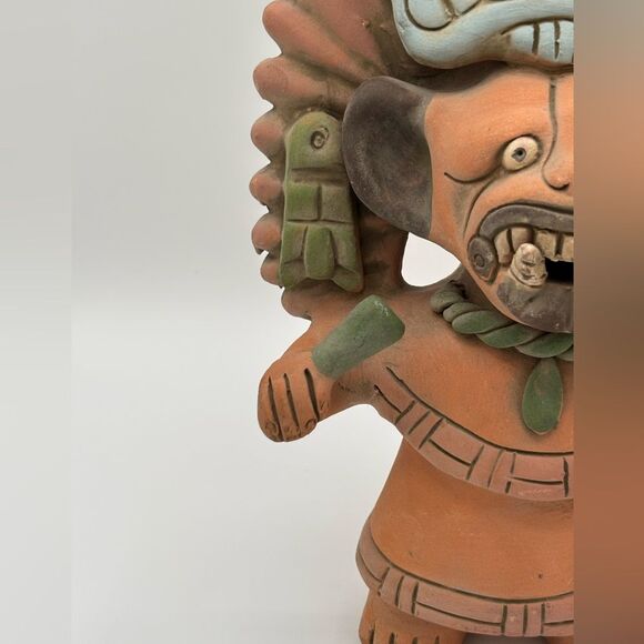 Mexican Autinah Reproduction 10” Mayan Man Incense Pen Holder Pottery MARKED - Picture 4 of 11